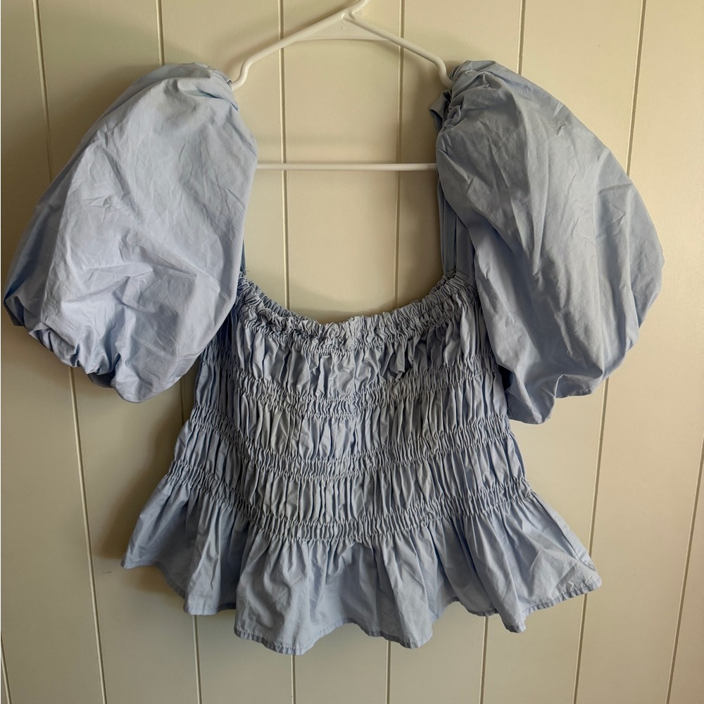 Astr Pale Blue Smocked Puff Sleeve Blouse